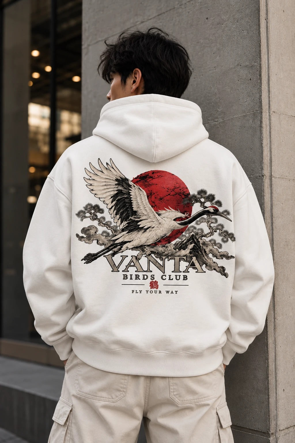 Crane Hoodie in white, back print of a red-crowned crane before a red sun