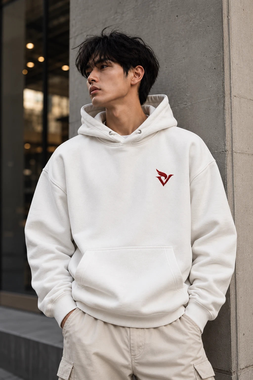 Crane Hoodie in white, front with red embroidered V-wing logo