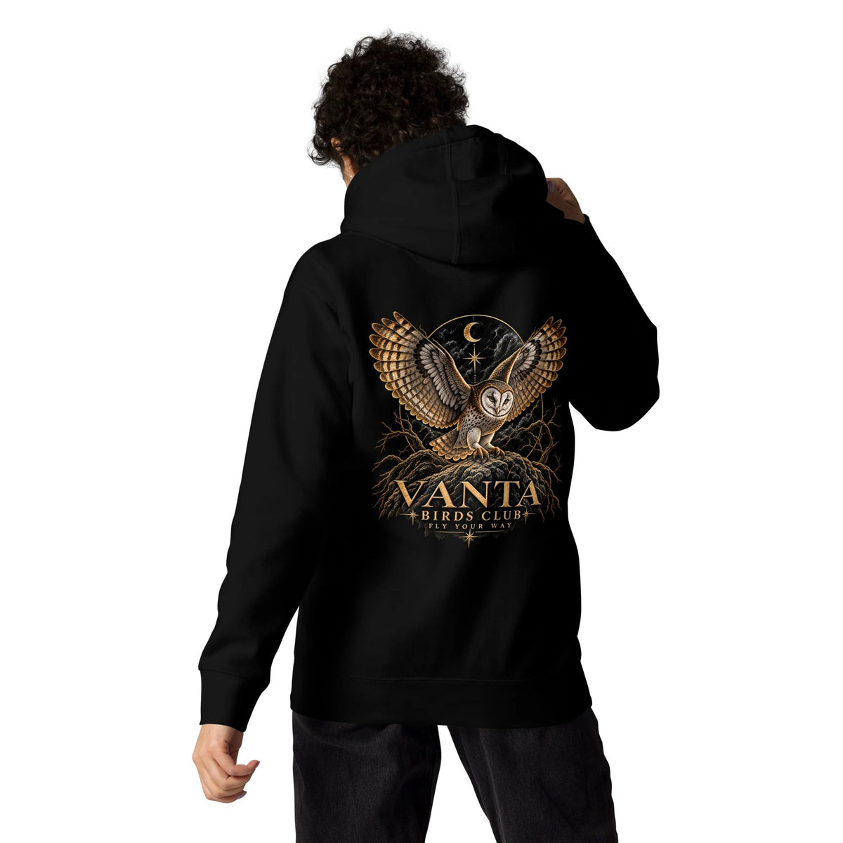 Owl Hoodie in black, back print of a barn owl in flight under a crescent moon