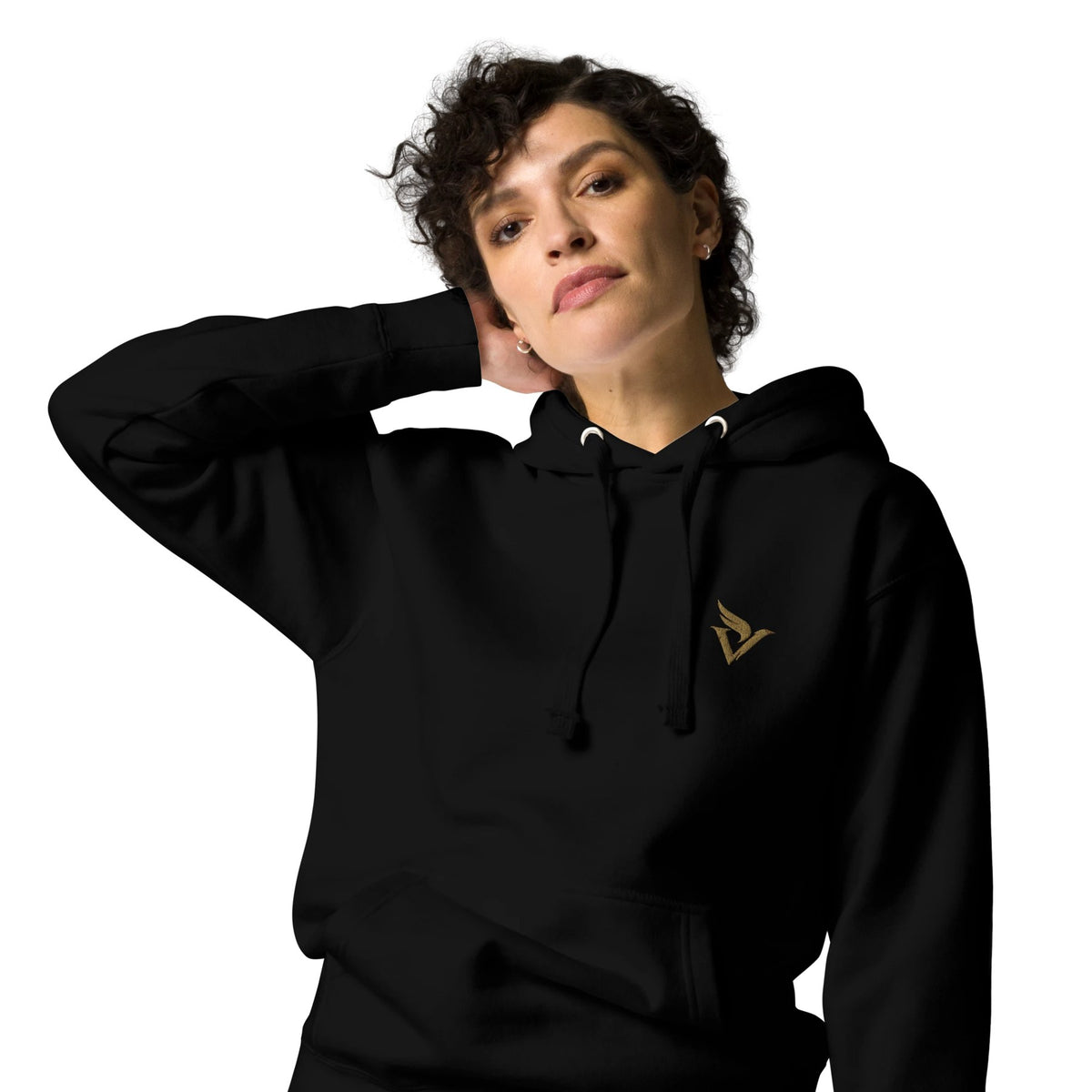 Owl Hoodie in black, worn with hand behind the neck