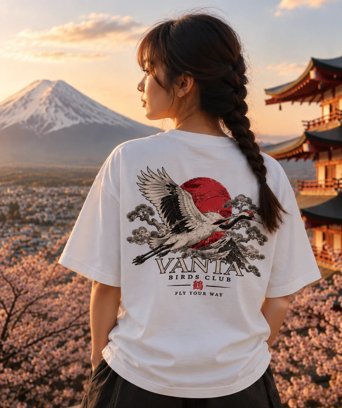 Crane Tee in white, back print of a red-crowned crane, worn in front of Mount Fuji