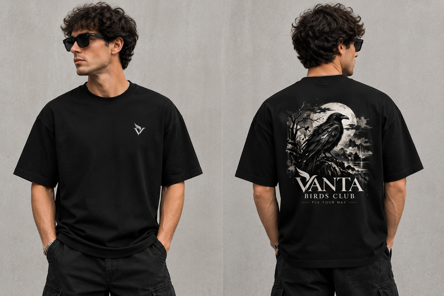 Raven Tee in black, front and back: V-wing logo and raven under a full moon