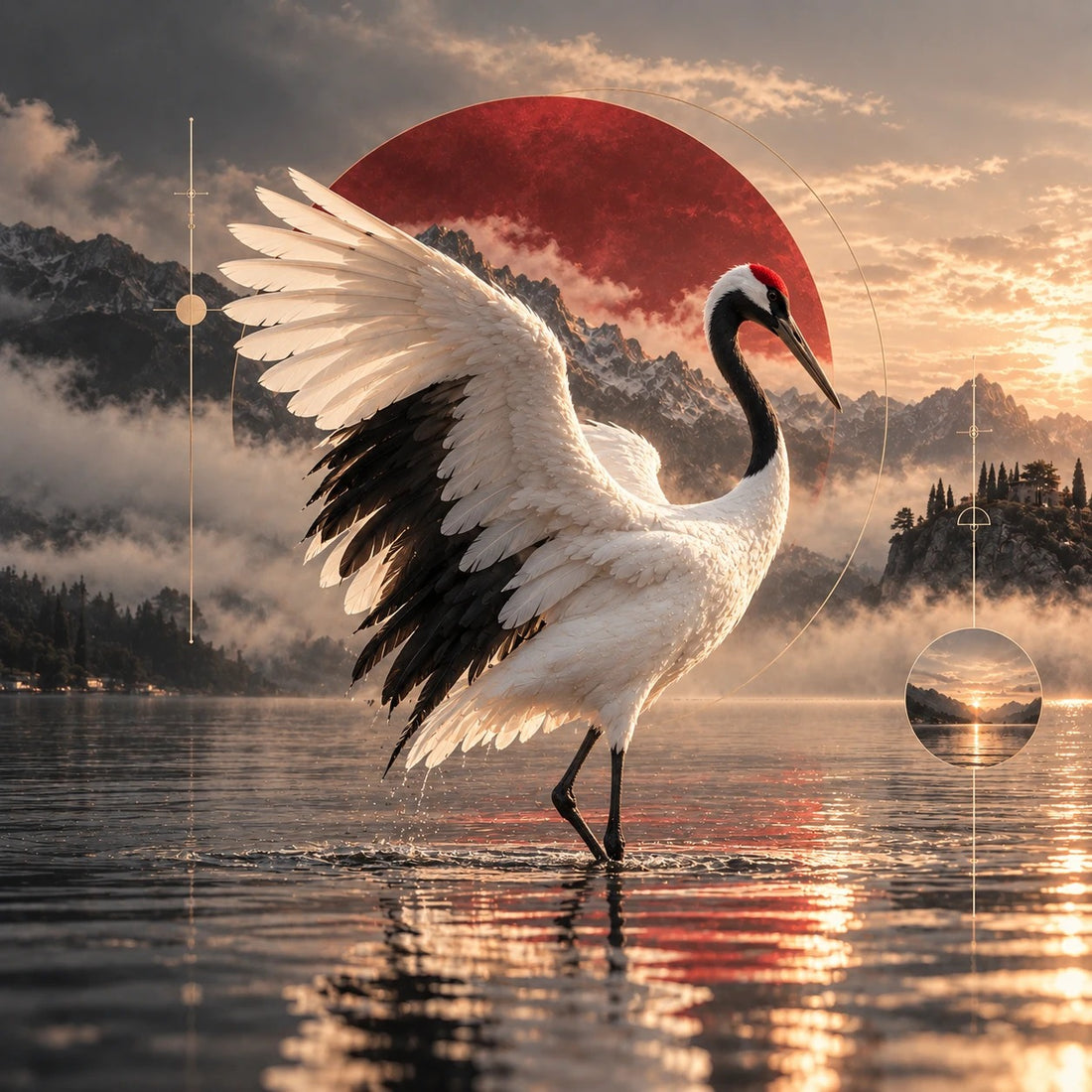 Red-crowned crane dancing with open wings on a misty lake, before a red sun