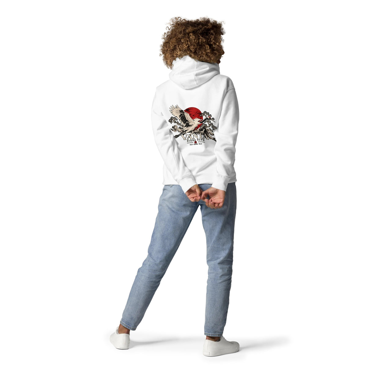 Crane Hoodie in white, back print of a red-crowned crane before a red sun