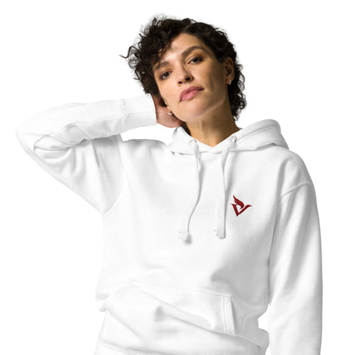 Crane Hoodie in white, front with red embroidered V-wing logo