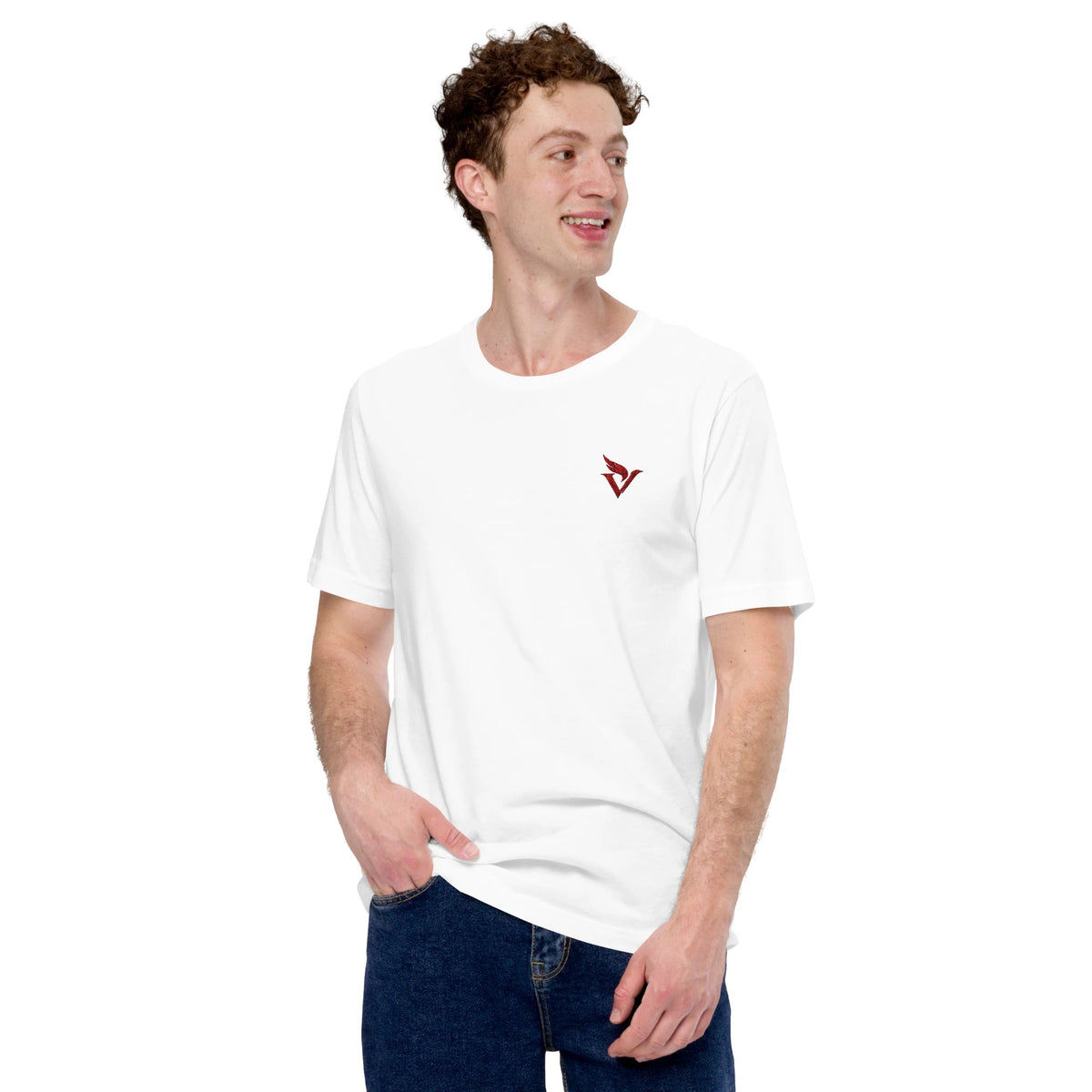 Crane Tee in white, front with red V-wing logo