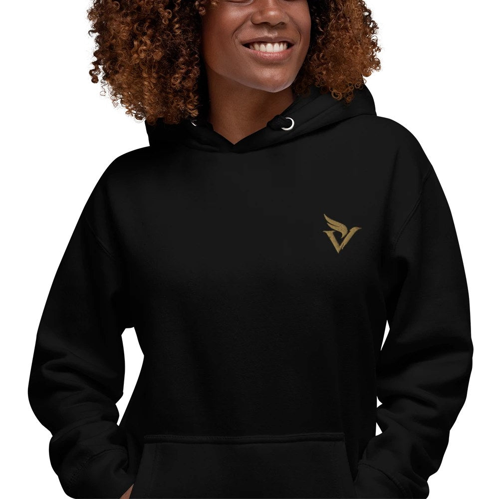 Owl Hoodie in black, close-up of the gold embroidered logo
