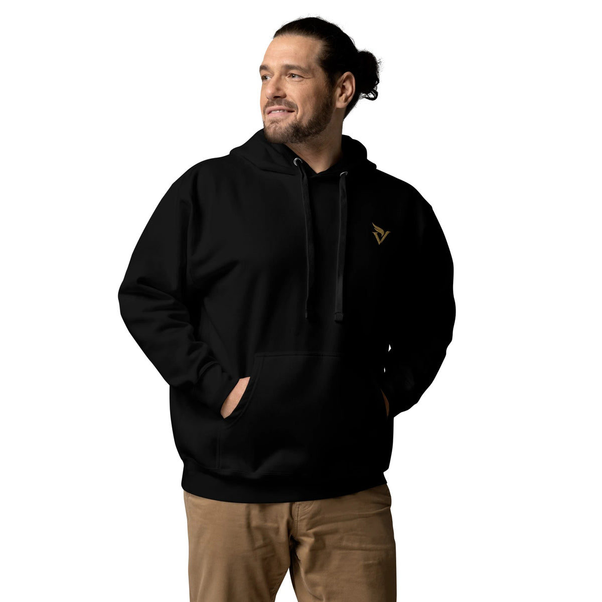 Owl Hoodie in black, front with gold embroidered V-wing logo