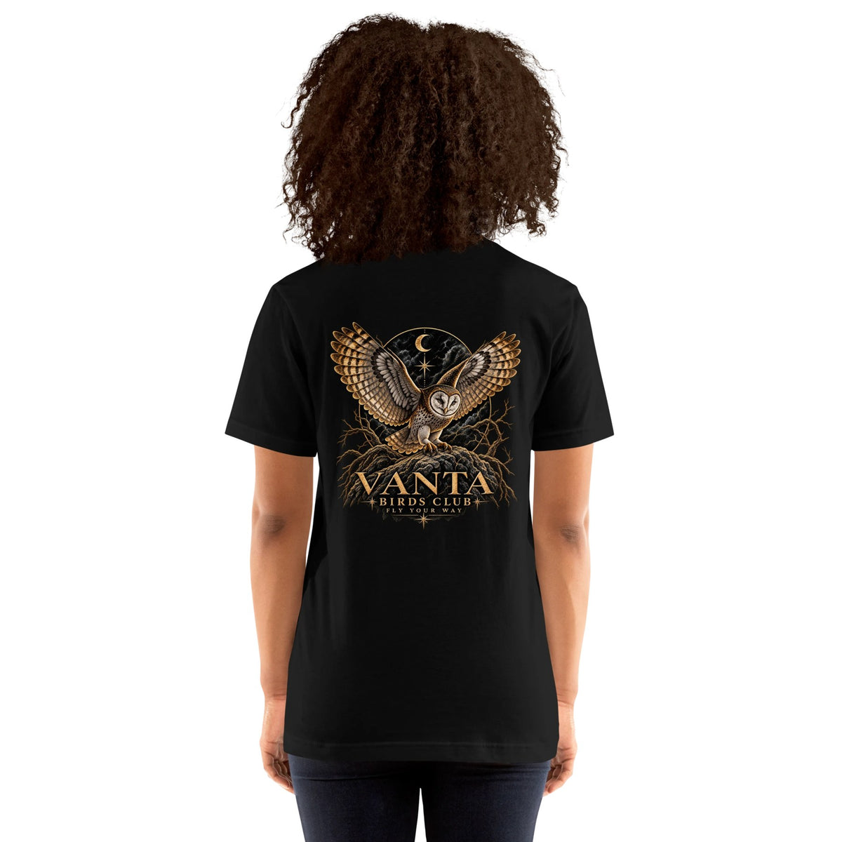 Owl Tee in black, back print, worn by a woman