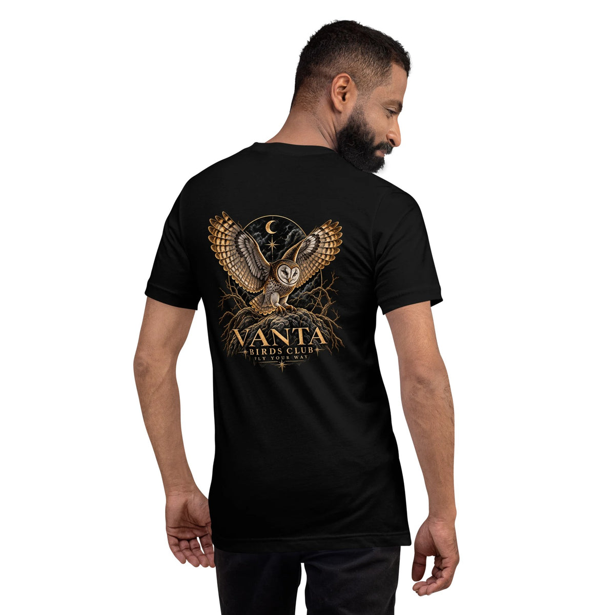Owl Tee in black, back print of a barn owl in flight under a crescent moon