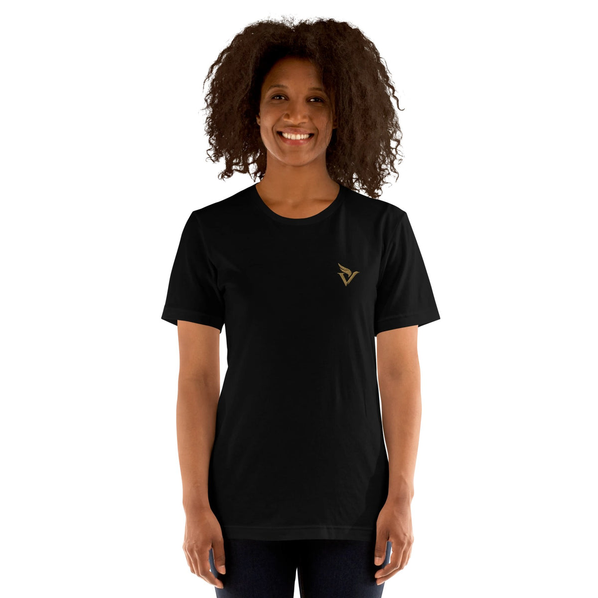 Owl Tee in black, front, worn by a woman