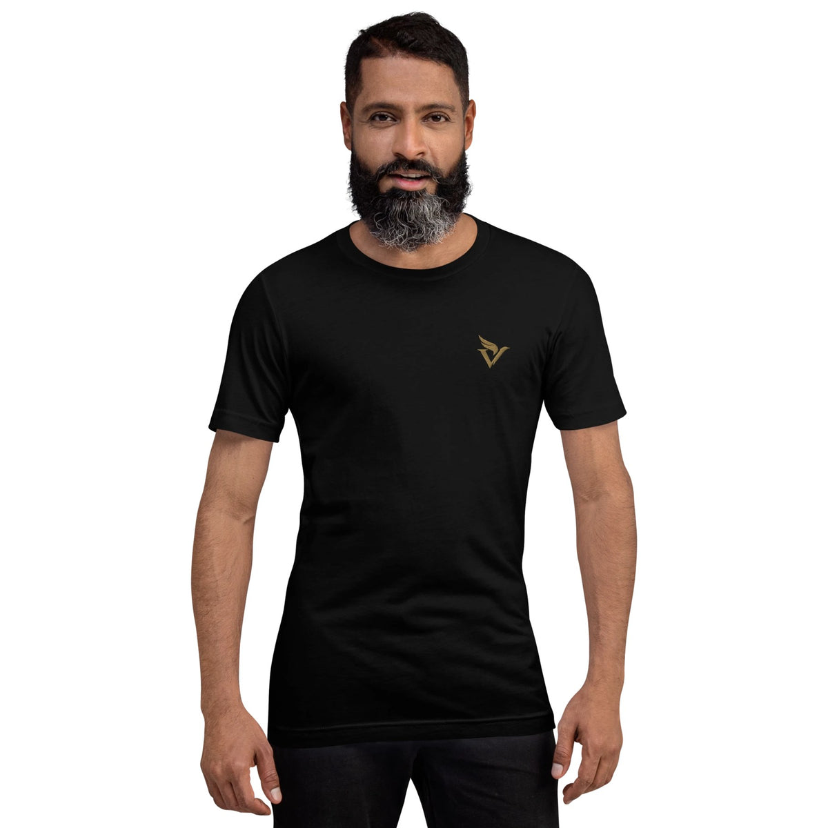 Owl Tee in black, front with gold embroidered V-wing logo