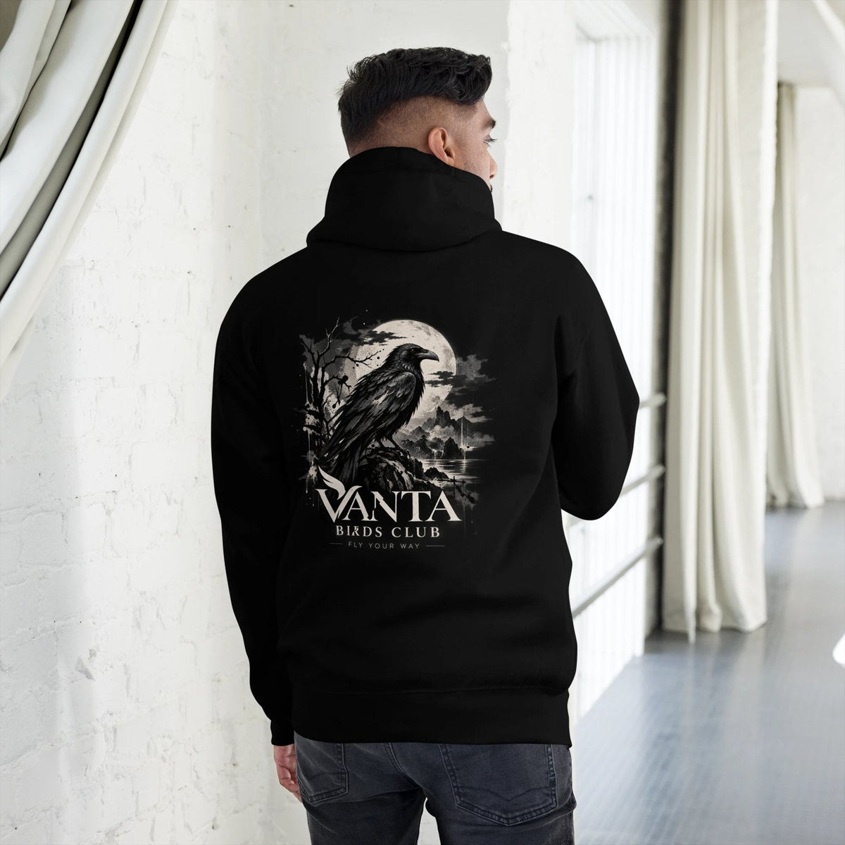 Raven Hoodie in black, back print of a raven under a full moon
