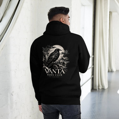 Raven Hoodie in black, back print of a raven under a full moon