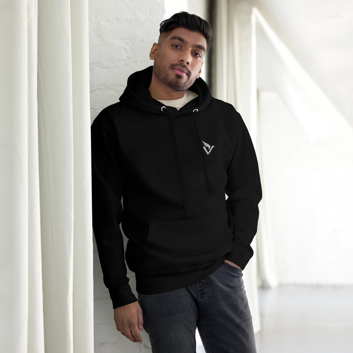 Raven Hoodie in black, front with embroidered V-wing logo