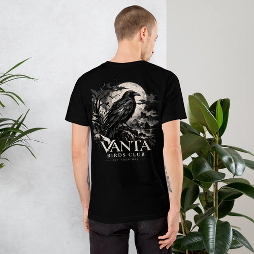 Raven Tee in black, back print of a raven under a full moon
