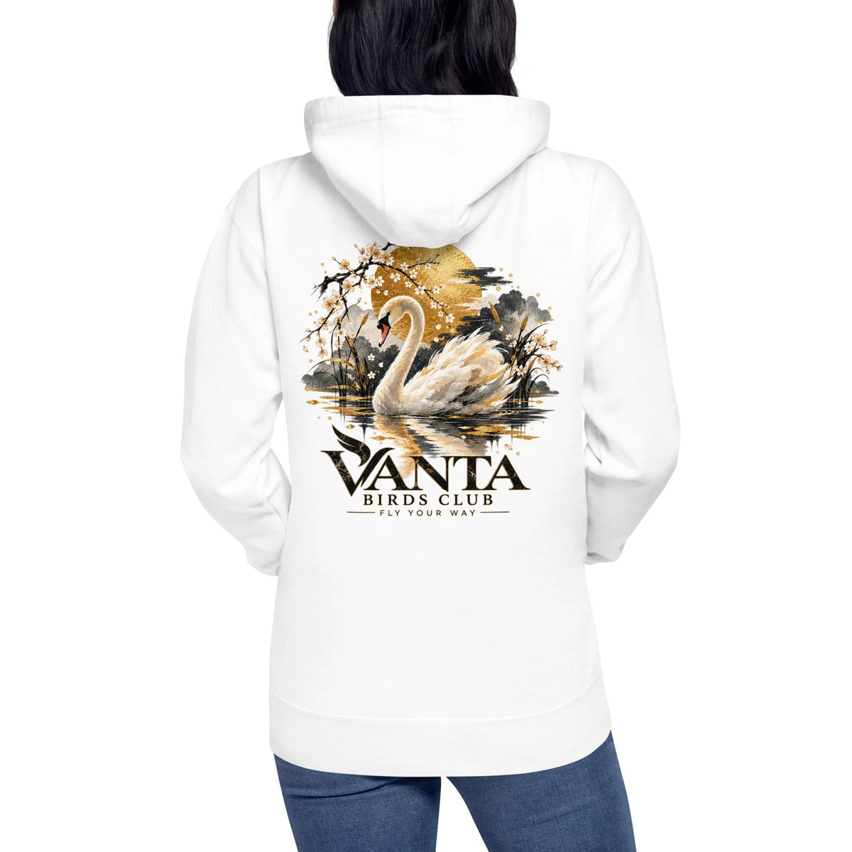 Swan Hoodie in white, back print of a swan under a golden sun