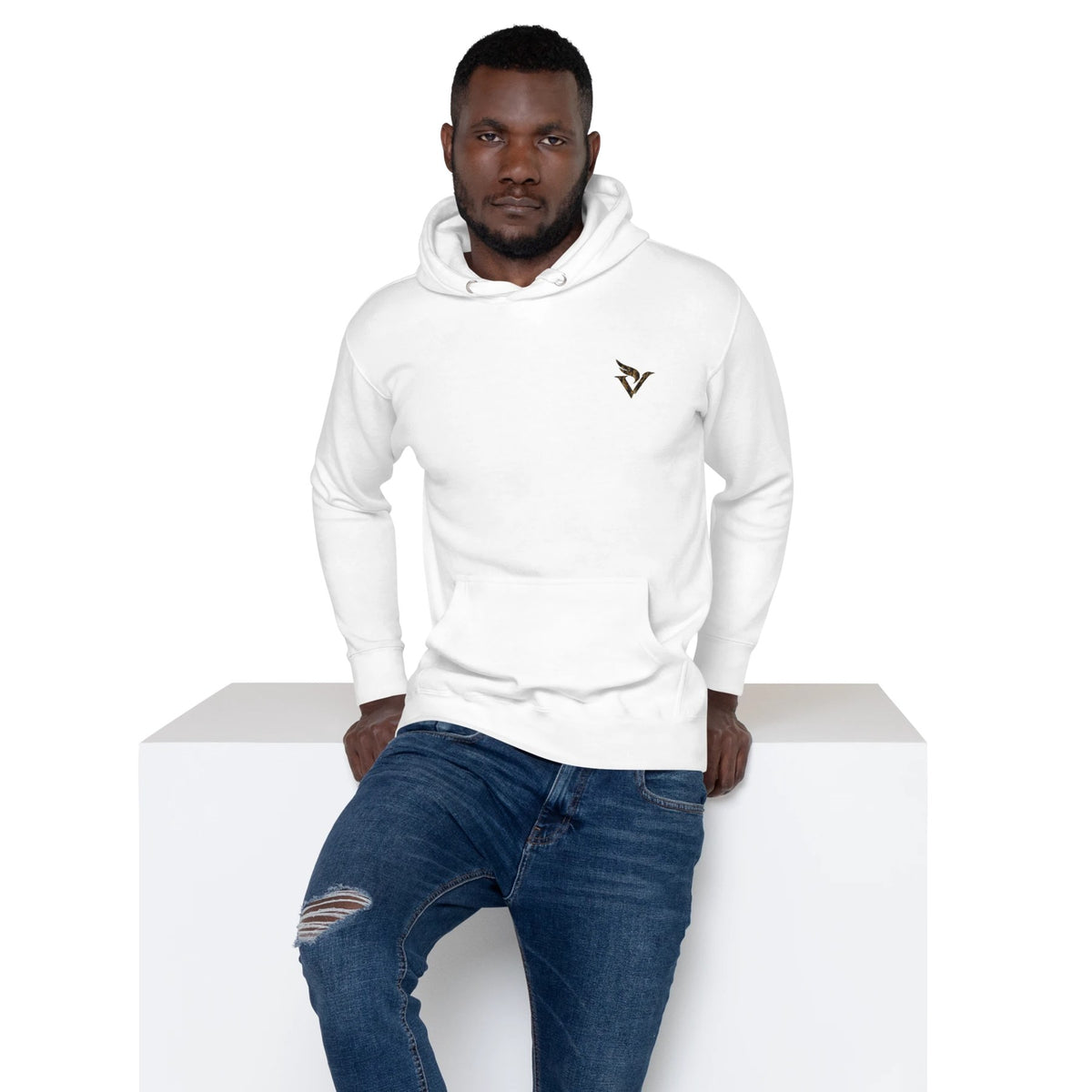 Swan Hoodie in white, front with embroidered V-wing logo