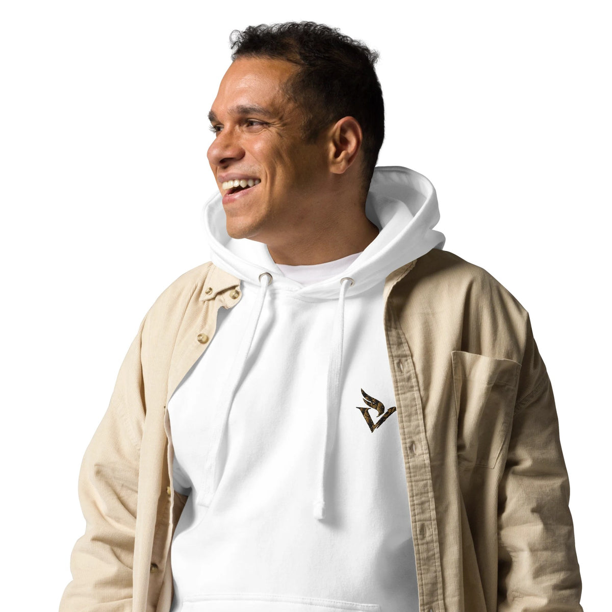 Swan Hoodie in white, worn under a beige jacket
