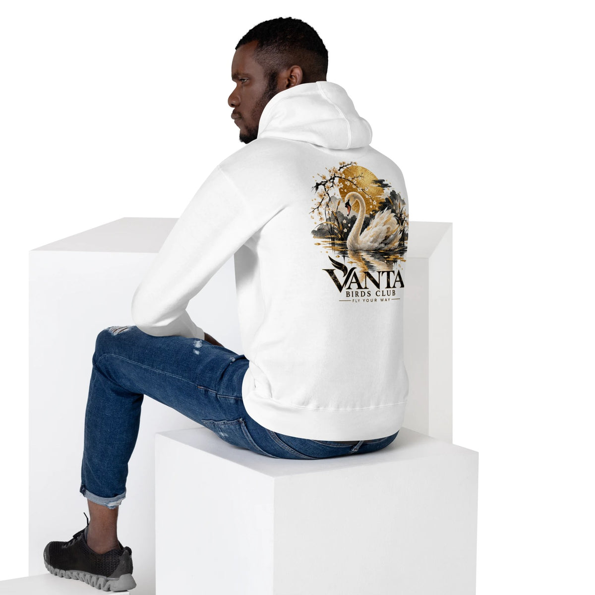 Swan Hoodie in white, seated, back print