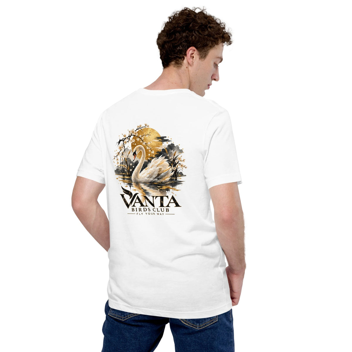 Swan Tee in white, back print of a swan under a golden sun