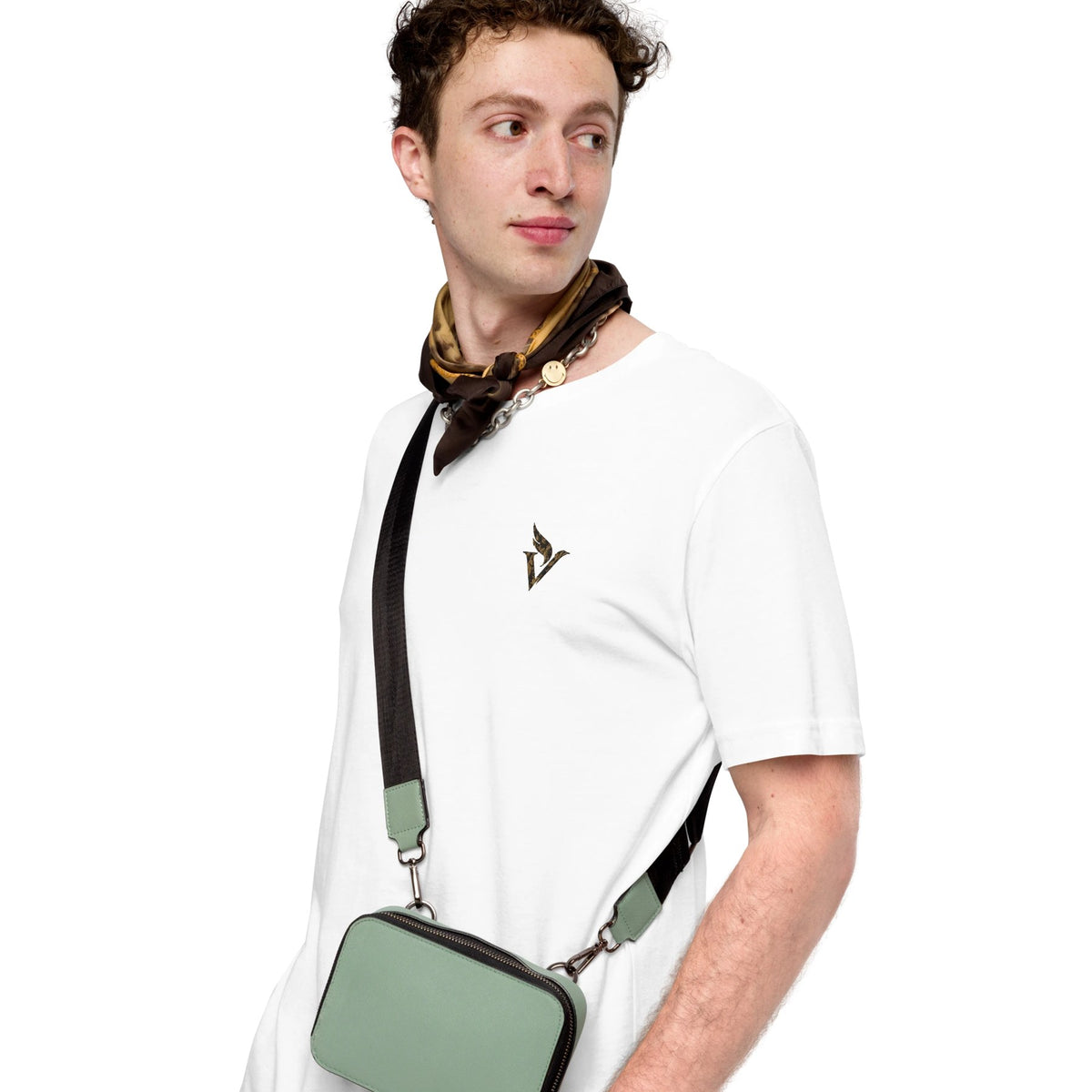 Swan Tee in white, front with embroidered V-wing logo, styled with a silk scarf