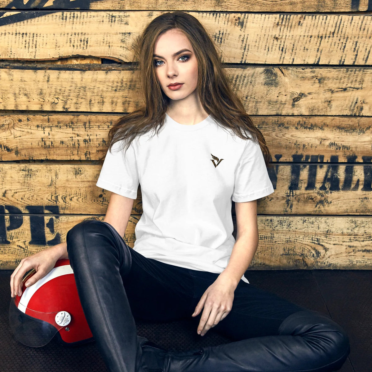 Swan Tee in white, front with embroidered V-wing logo